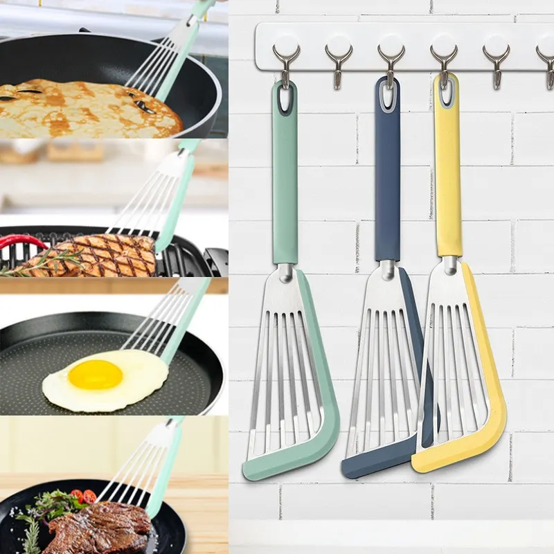 Espátula para freír antiescaldado de cocina, espátula para freír pescado resistente al calor, espátula de silicona de acero inox