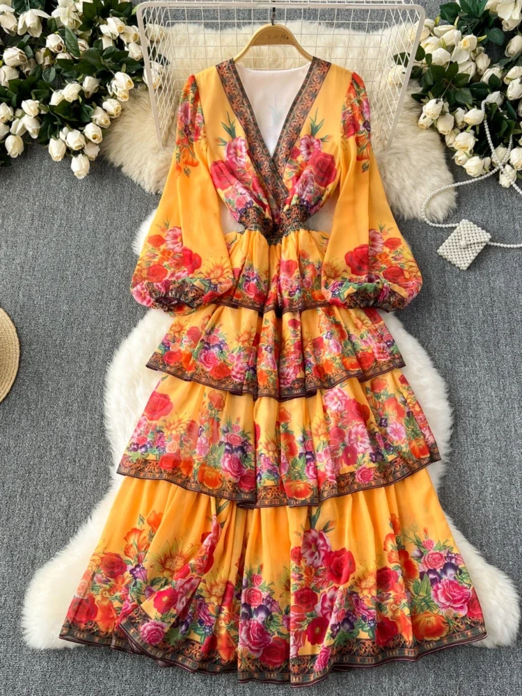 

Spring Summer Vintage Party Dress Women Sexy V-neck Ruffled Floral Print French Long Dresses Ladies Slim A-line Elegant Robe
