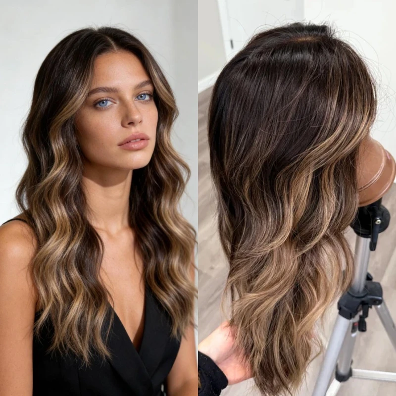 

Синтетический парик с HD-кружевом, омбре темно-коричневый с светлыми прядями, натуральный вид, термостойкий волоконный материал, высокое качество