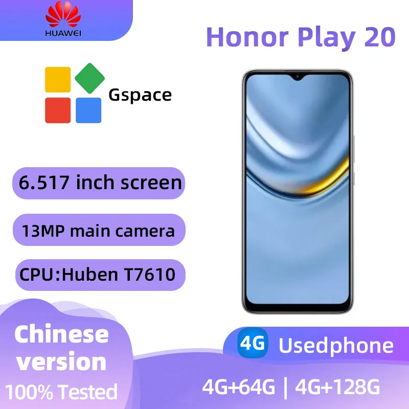 Honor Play 20  4G SmartPhone CPU MediaTek DimensityMT6765 6.3inch Battery capacity 5000mAh 13MP Camera original used phone