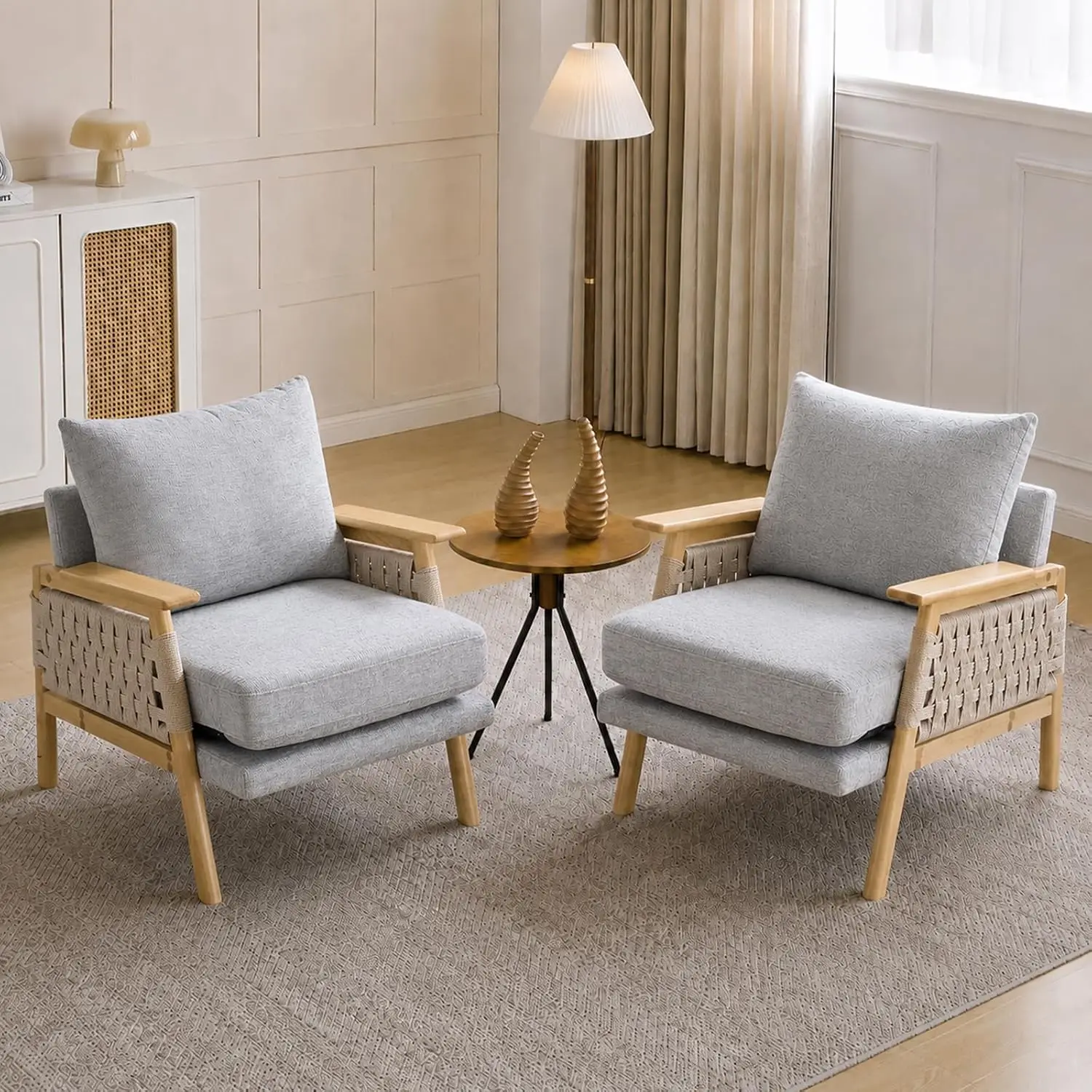 Boho Rattan Accent Chair Set 2 Wood Armrests Chenille Upholstery Indoor Chair Lumbar Pillow Living Room Bedroom Gray, Customized