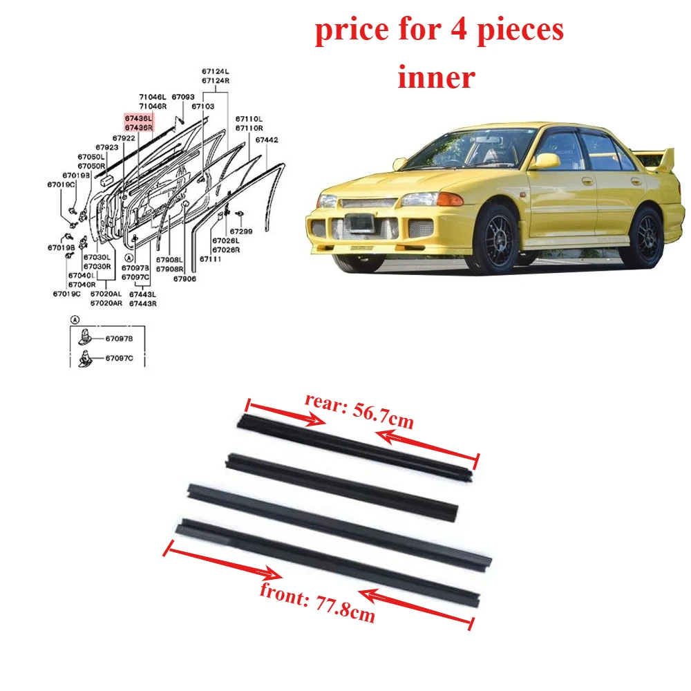 

4 Pieces Inner MR186491 Weatherstrip Rubber for 1998 Moulding Door Window Glass Belt for Lancer 1995-2000 for Evo 456 Ck00 Cn9a