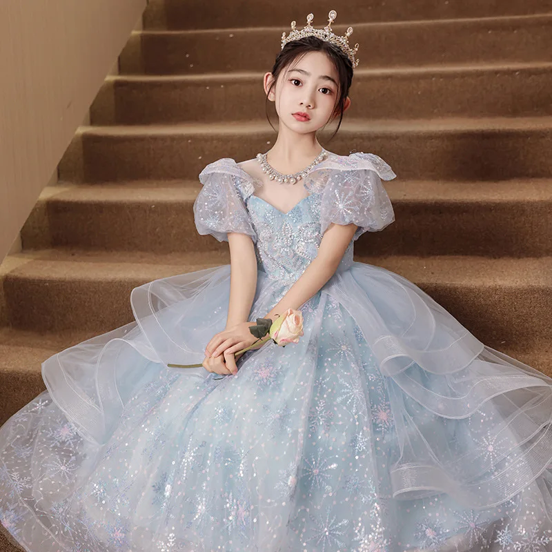 

Kids Evening Gowns sequin pearl Princess Dresses Elegant Girls Formal Prom Dresses 3-12Y Birthday Banquet Clothes