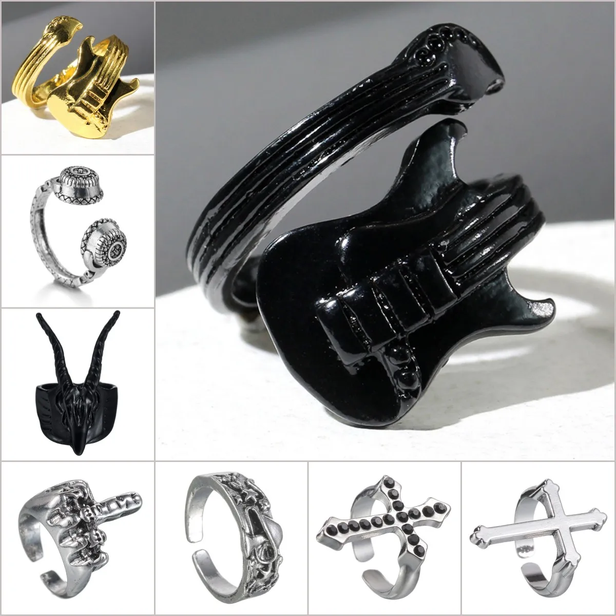 Fashion Rock Finger Punk Rings Personality Music Lovers Black Color Retro Guitar Ring Unisex Men Ring Jewelry