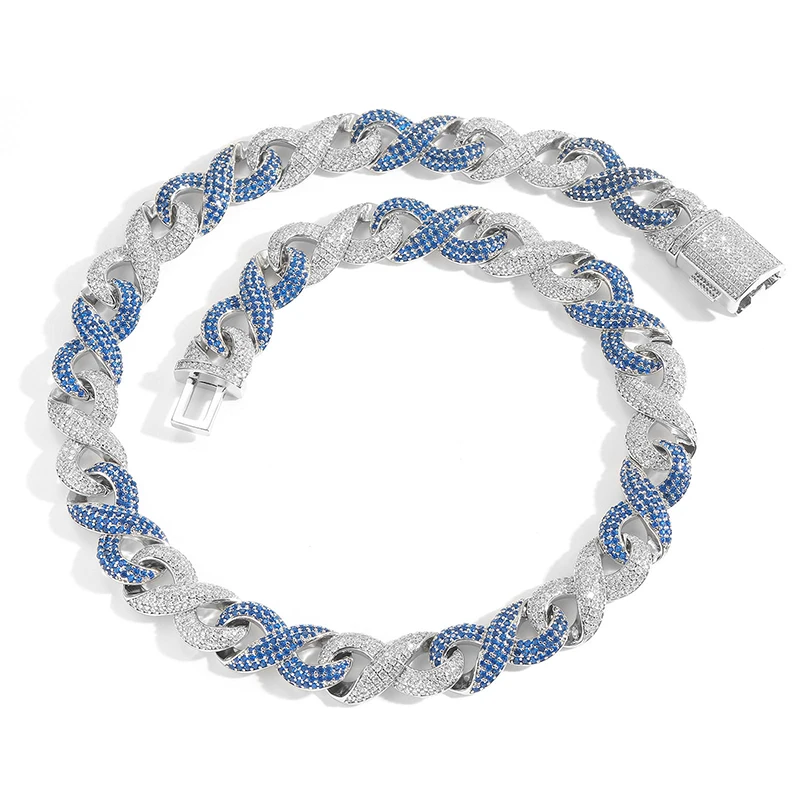 Hip Hop 5A+ CZ Stone Bling Iced Out Blue White Two Tone Infinity Cuban Miami Link Chain Bracelet Necklace for Men Rapper Jewlery