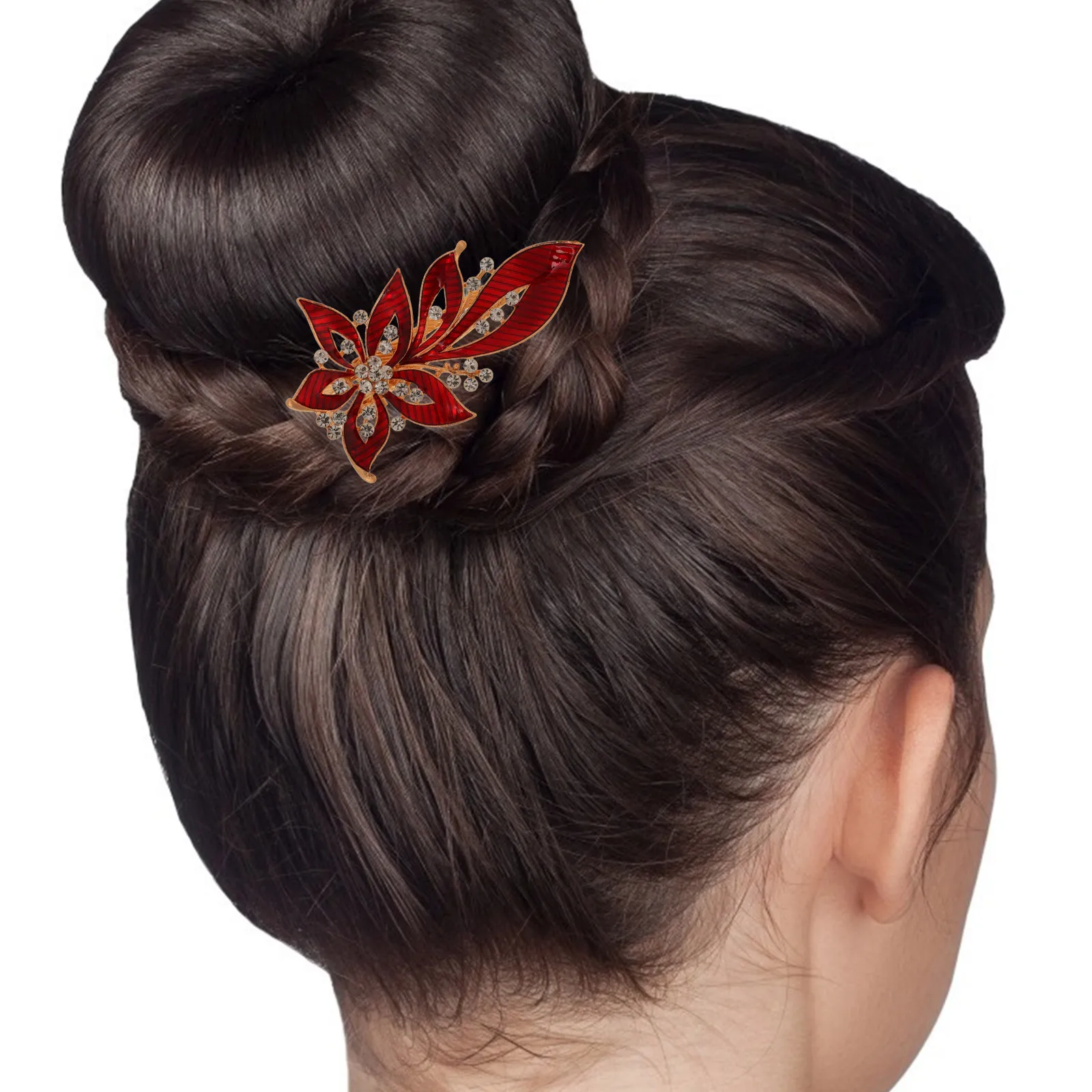 

Rhinestone Hairpin Alloy Metal Hair Accessories for Women Red Durable Leaf Shape Wedding Birthday Gift Stylish Hair Tool