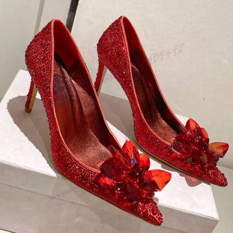 

Red Crystal Flower Shallow Wedding Pumps Pointy Toe Shoes for Women Stilettos High Heels Party Shoes 2023 Zapatos Para Mujere