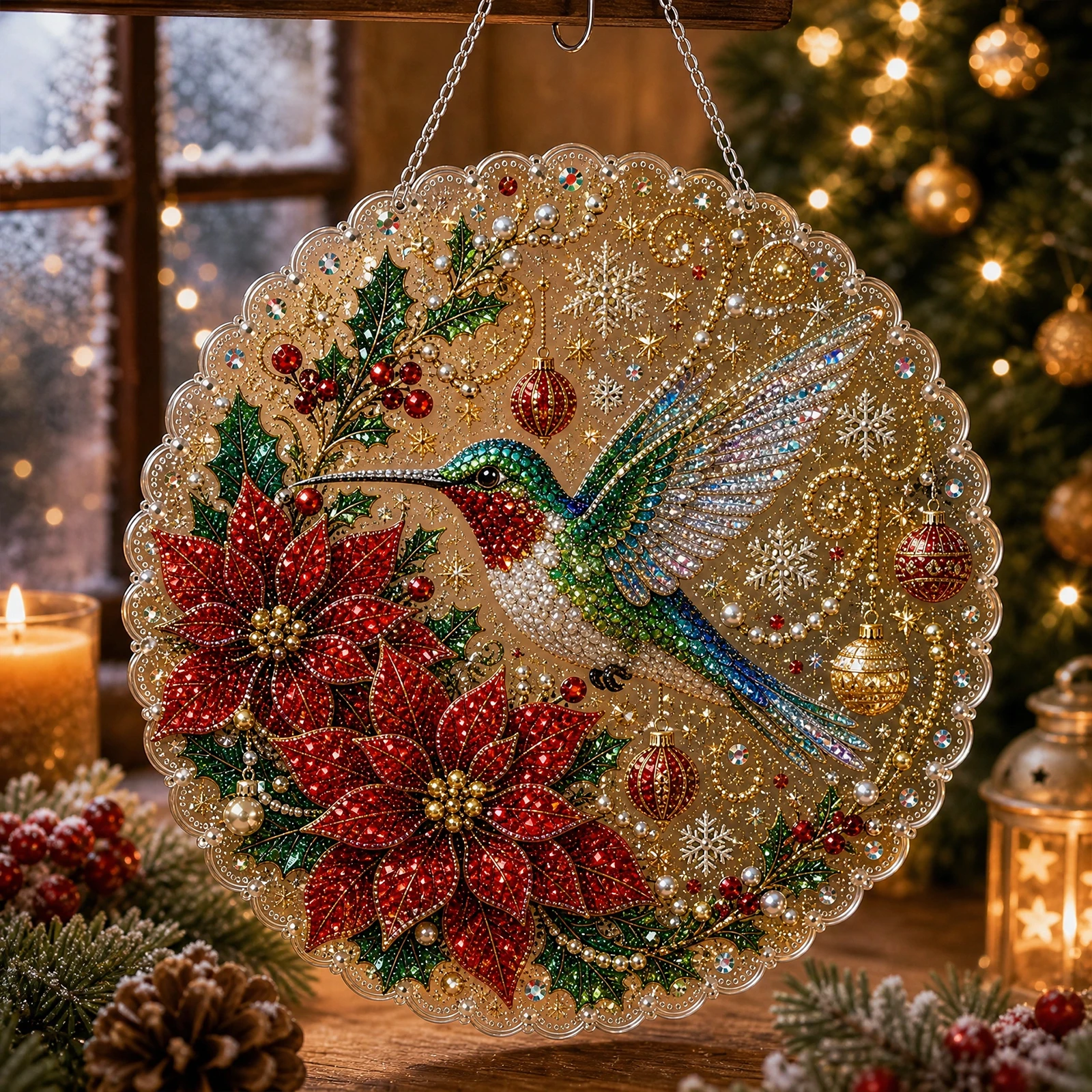 Christmas Pearl Diamond Painting Suncatcher Kit Hanging Pendant Double-Sided Print DIY Craft Set Metal Chain Home Art Decor 20cm view 6