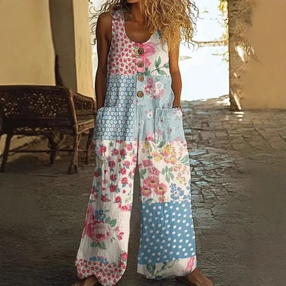

Casual Sleeveless Loose Pocket Jumpsuit For Women 2025 Summer Fashion Floral Printed Outfits Wide Leg Pants One Piece Streetwear