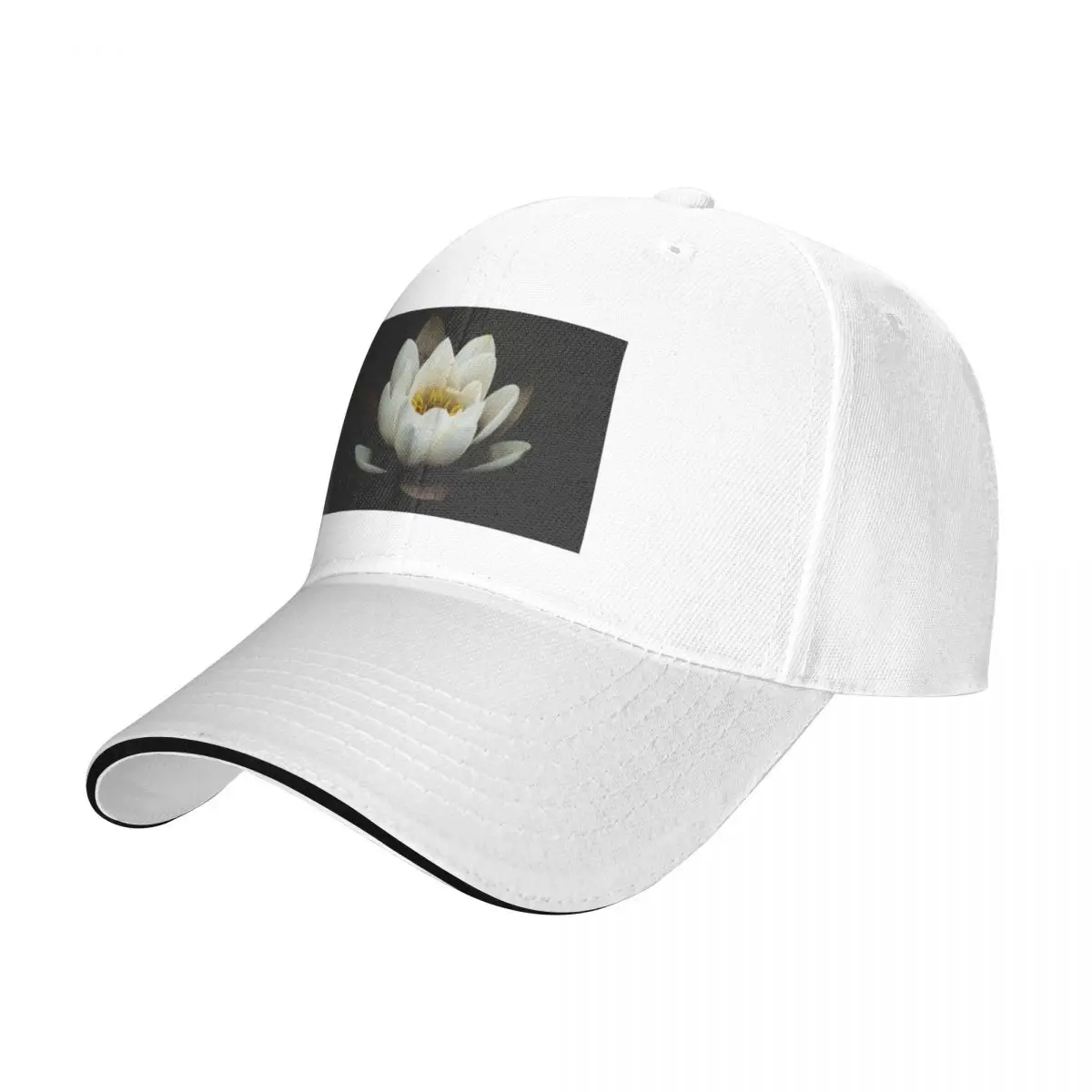 

Stunning Floral Design White and Yellow Water Lilly in Lilly Pond Black Background Cap Baseball Cap golf mens caps Women's