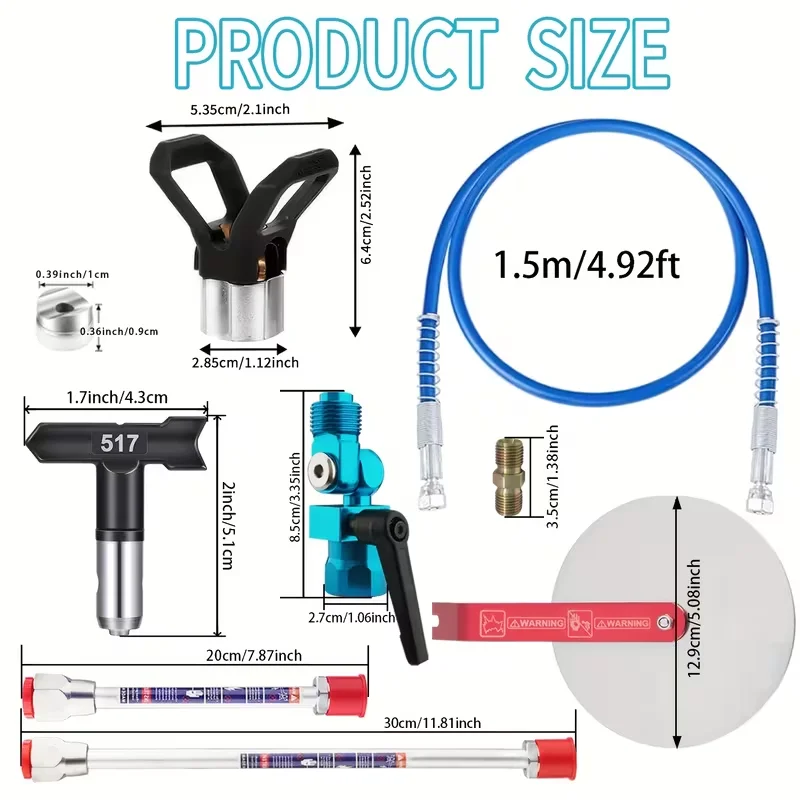 Universal Airless Paint Sprayer Kit:315 517 Tips,Blue Hose,Valve,Rods,Tip Guard,Coupler,Gaskets High Pressure Home Renovation