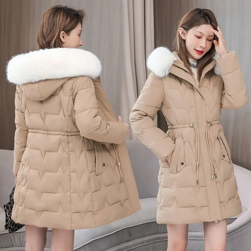 Chaqueta acolchada de algodón para mujer, abrigo largo de alta gama con cuello de piel grande, moda coreana, invierno, novedad de 2024