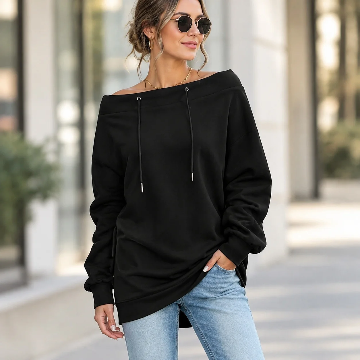 Loose Fit Crew Neck Top Mid Length Casual with Long Sleeve Medium Length Sweatshirt Casual Wear Women Hoodies and Sweatshirts