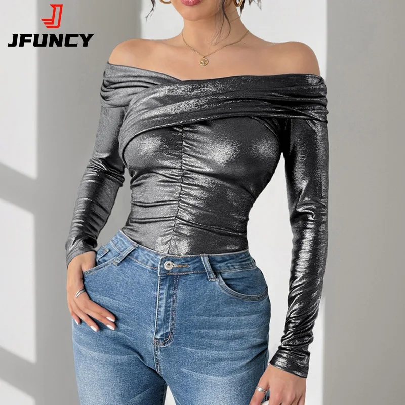 

2025 New Party Off Shoulder Playsuits for Women Black Sexy Tight Rompers Female High Stretch Ribbed Long Sleeve Clothes