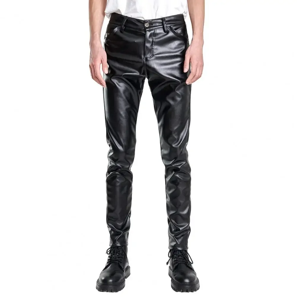 

Men Leather Pants Slim Fit Elastic Glossy Mid Waist Breathable Pockets Ankle Length Streetwear Hip Hop Club Pencil Pants