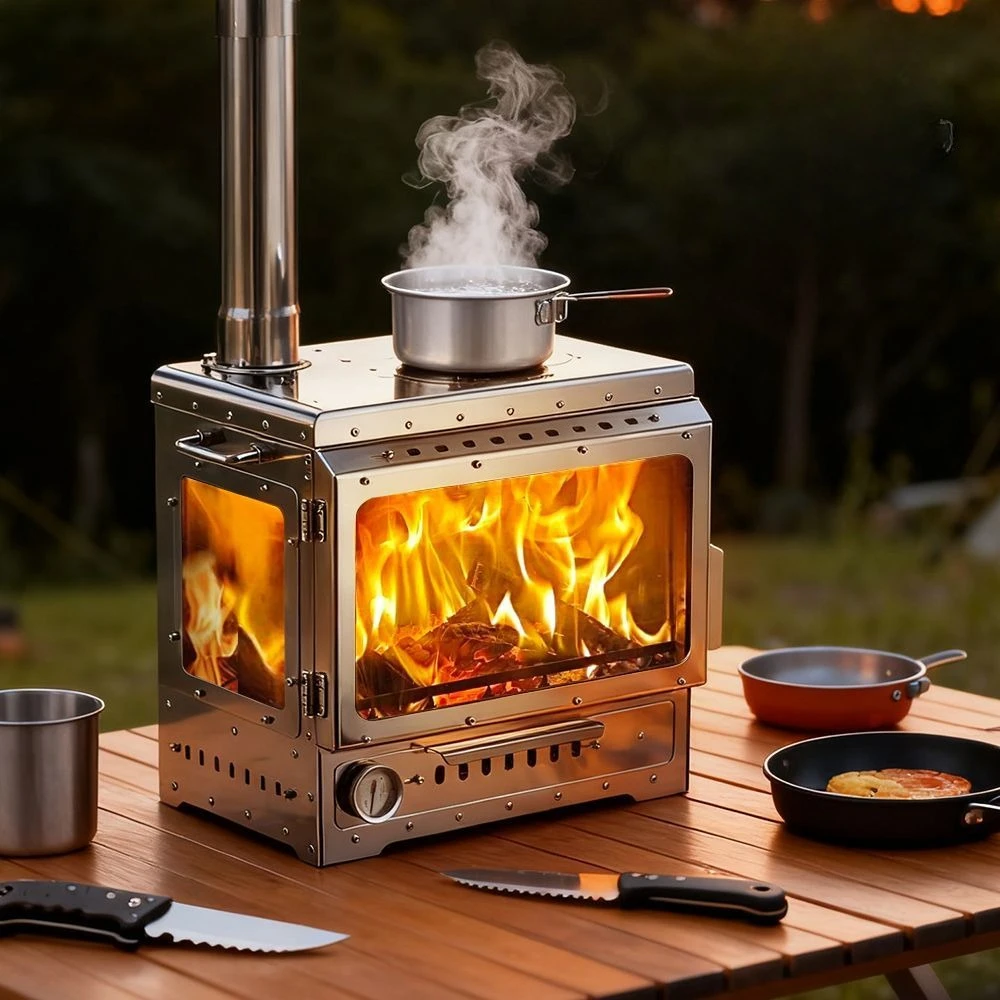 Stainless Steel Fireplace Stone Flame Three-sided Viewing Multi-functional Tent Firewood Stove Outdoor Camping Tent Heatingstove