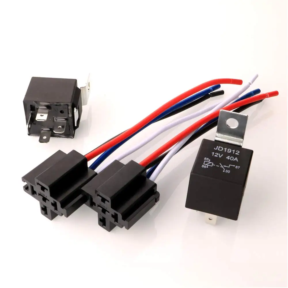 JD1912 Car Relay Harness 12V 40A 4 Pin SPST Harness Sockets with Color-labeled Wires for Automotive Truck Van Motorcycle Boat