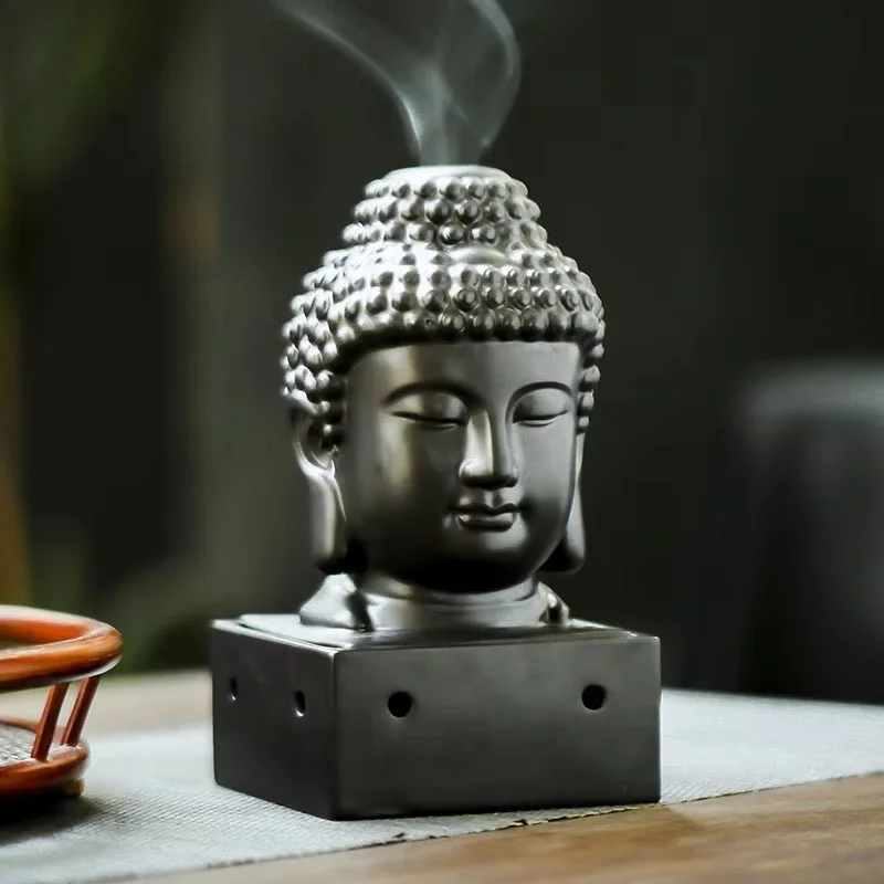 Quemador de aceite de aromaterapia cerámica para Yoga, difusor de aceite esencial cabeza Buda, incienso indio, Base