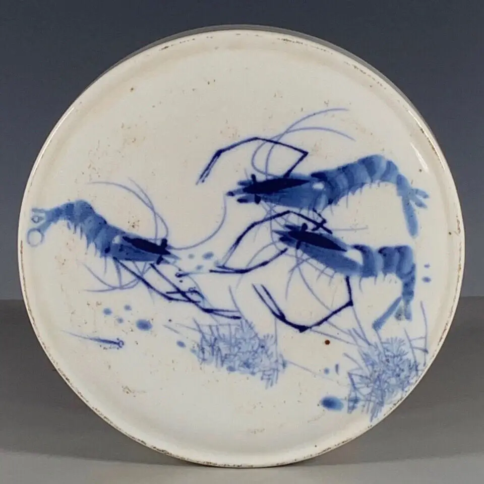 

Китайская сине-белая фарфоровая туба для чернил с ручной росписью в виде креветок, 4,72 дюйма