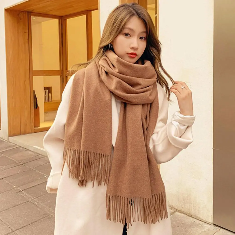 Winter Scarf Fashionable Atmosphere Polyester Scarf For Women Warm Shawl Classic Tassels Fluffy Scarf  Solid Color Soft Shawl
