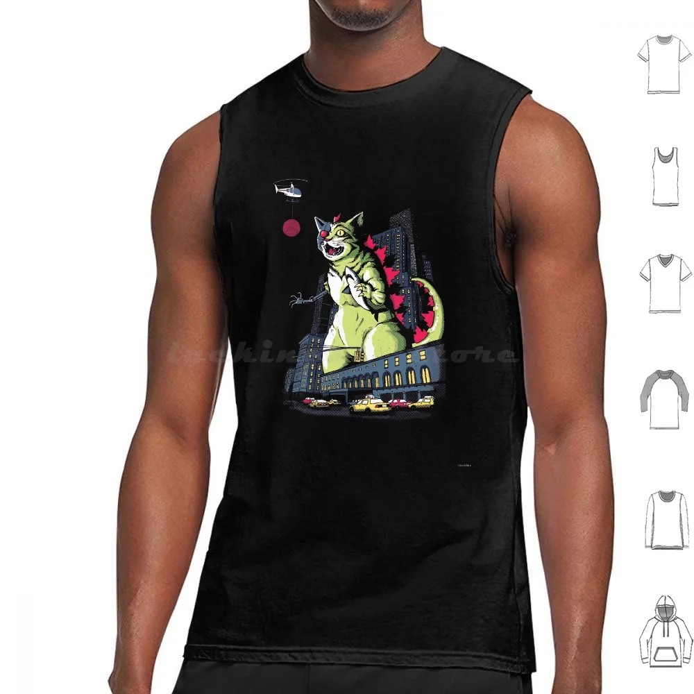 Mecha-Catzilla Tank Tops Print Cotton Robot Shark Cat City Monster Creature Film Movie Dinomike
