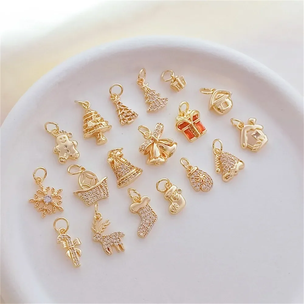 

Подарочная коробка-колокольчик со снежинками из циркония, инкрустированная золотом 14 карат, подвеска в виде рождественской серии «домик с оленями», ювелирные изделия ручной работы своими руками