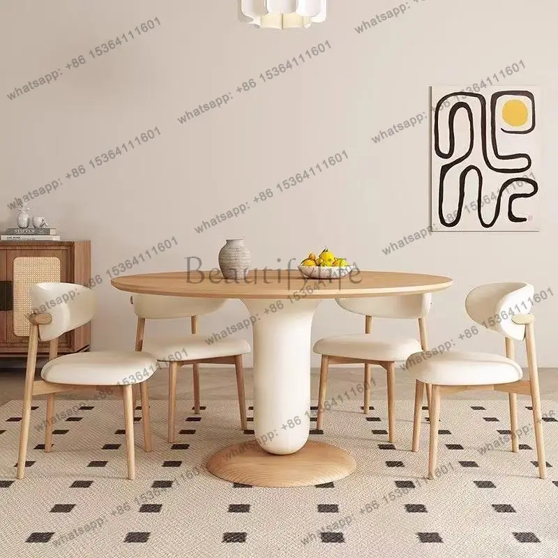 

Solid wood dining table Cream style small apartment restaurant Round dining table French household
