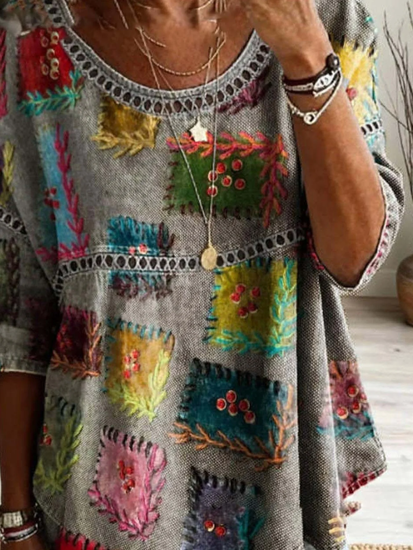 Women Plus Size Blouse 3D Patchwork Print Loose Fit Long Sleeve Casual Boho Tunic Top view 5