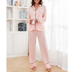 Autumn Solid Home Clothes Cardigan Modal Long-sleeved Tops&Long Pants Trousers Sets 2Pcs Women's Pajamas Sleepwear Nightwear