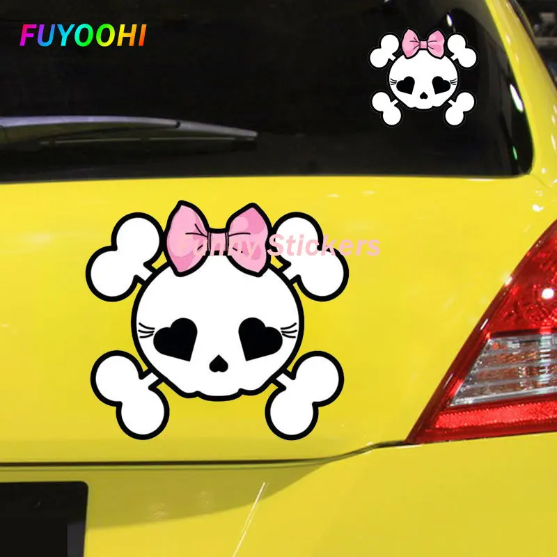 FUYOOHI Funny Stickers AK Wall Art Skull Crossbones Cute with Bow Girly Vinyl Sticker Car Phone Helmet Window Bumper Decals