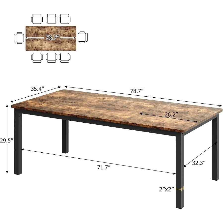 79 Inch Industrial Dining Table, Large Rectangle Kitchen Table with Metal Legs, Round Corners, Wooden Conference Tables Writing