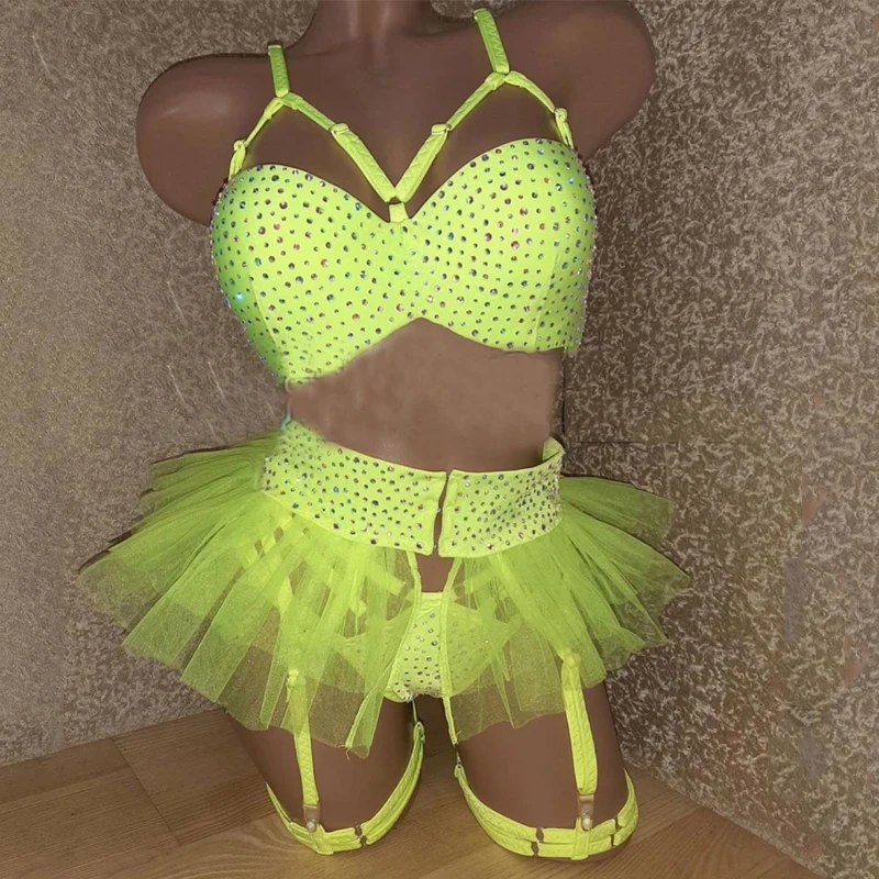 

Fluorescent Green Diamond Bikini Mesh Skirt Nightclub Ds Dj Gogo Outfit Sexy Pole Dance Clothing Drag Queen Costume XS4665