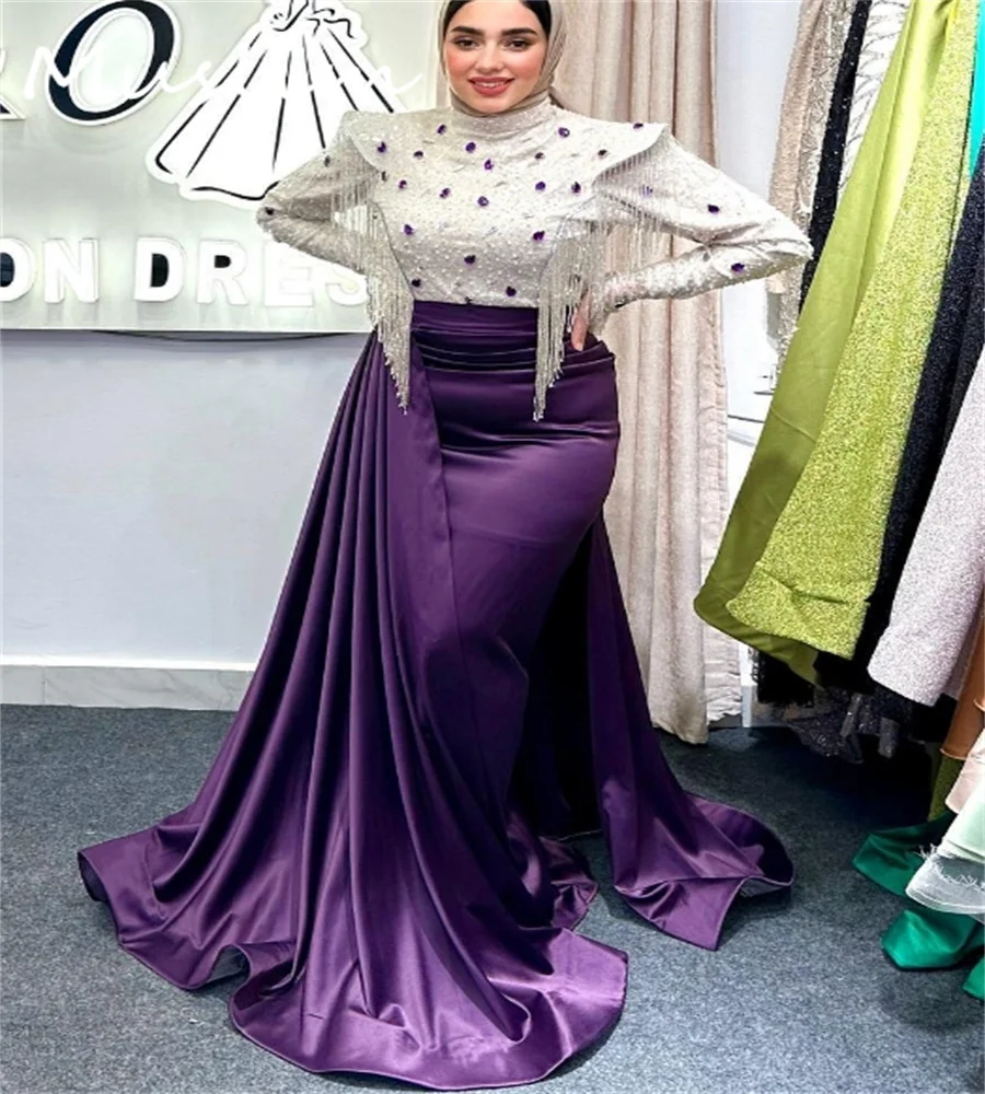 Kontrast Dubai Abendkleid mit Strass Plus Size Arabisch Muslim Abendkleid Quaste Meerjungfrau Formale Geburtstagsfeier Maßgeschneidert