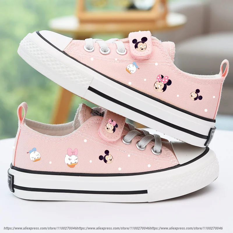 Disney Cartoon Kids Mickey Canvas Shoes Girls Boys Minnie Shoelace Soft Pink Princess Casual Canvas Shoes Europe size 24-37