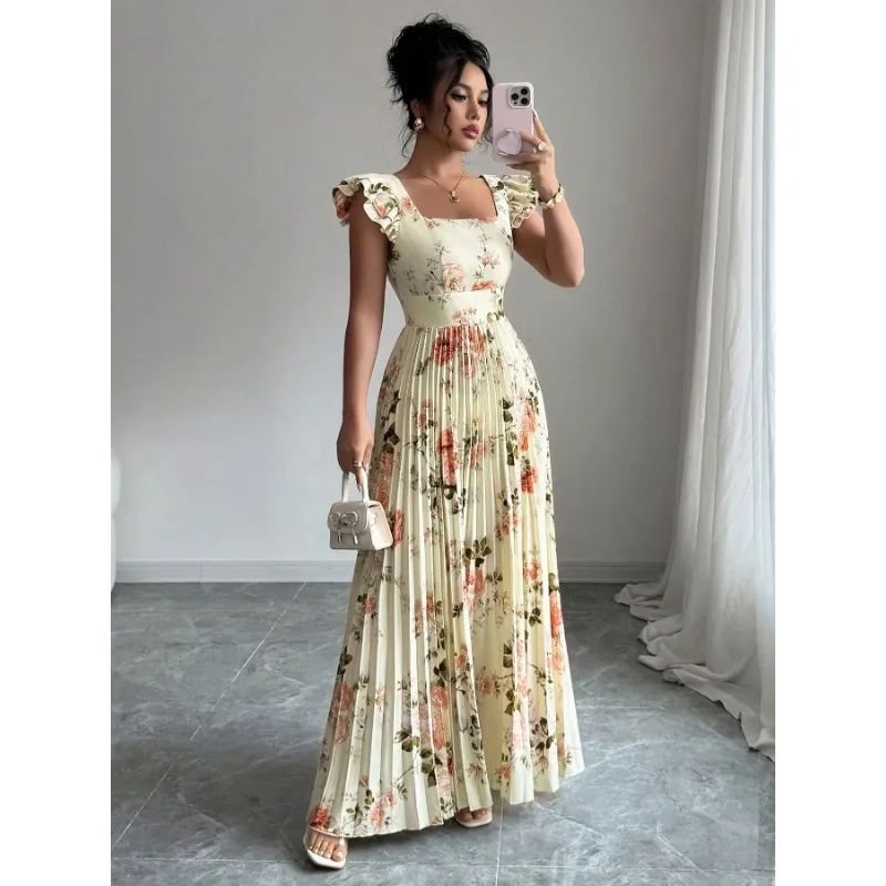 

Ladies' rose printed flying sleeves waist cinched pleated dress casual vacation ladies' elegant spring and summer clothing