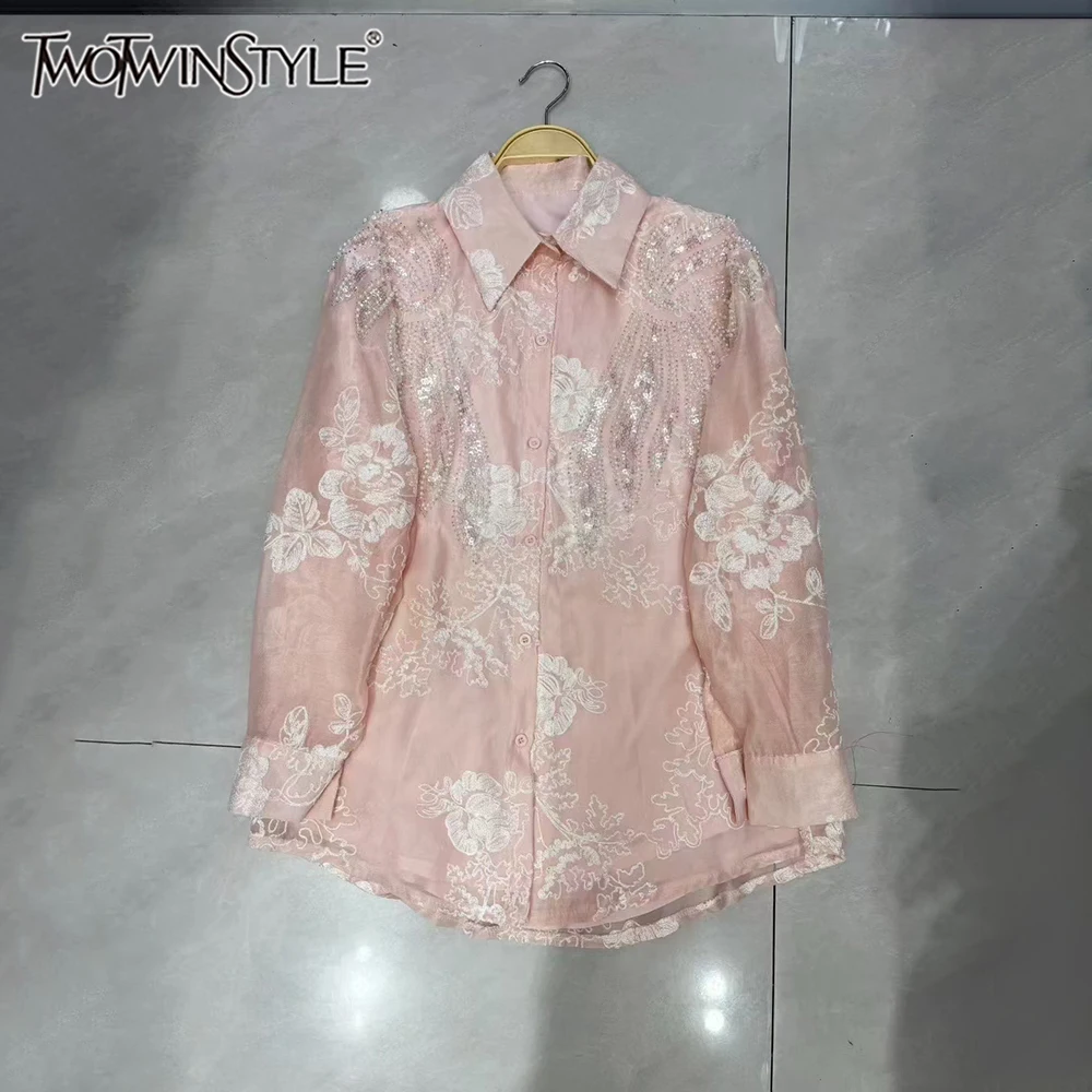 

TWOTWINSTYLE Slim Print Elegant Blouses For Women Lapel Long Sleeve Spliced Button Casual Blouse Female Fashion New KBL545813