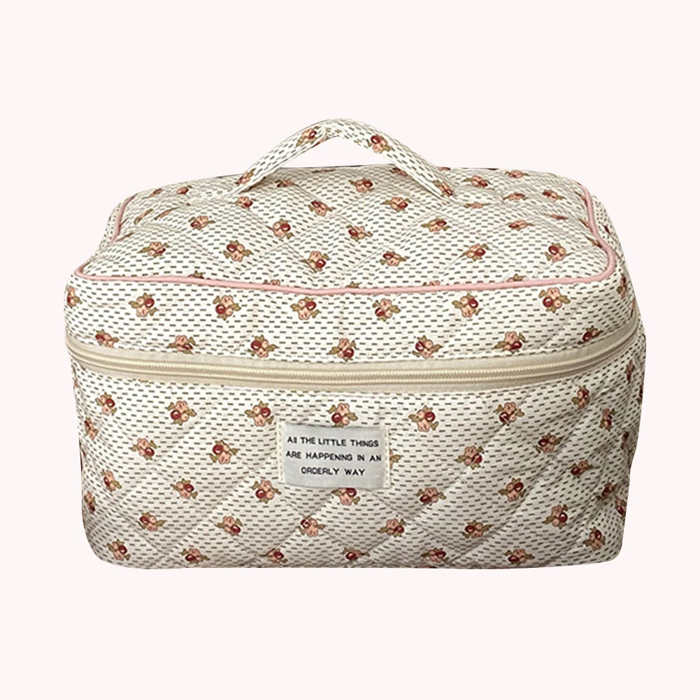 

Quilted Make Up Handbags Floral Prints Travel Portable Makeup Brush Storage Case Multi Functional Large Capacity for Travel Home