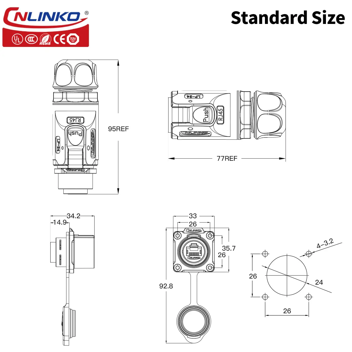 CNLINKO M24 RJ45 Waterproof Connector LP24 Internet Network 8P8C Connector CAT3 CAT6 IP68 RJ45 Industrial Circular Connector