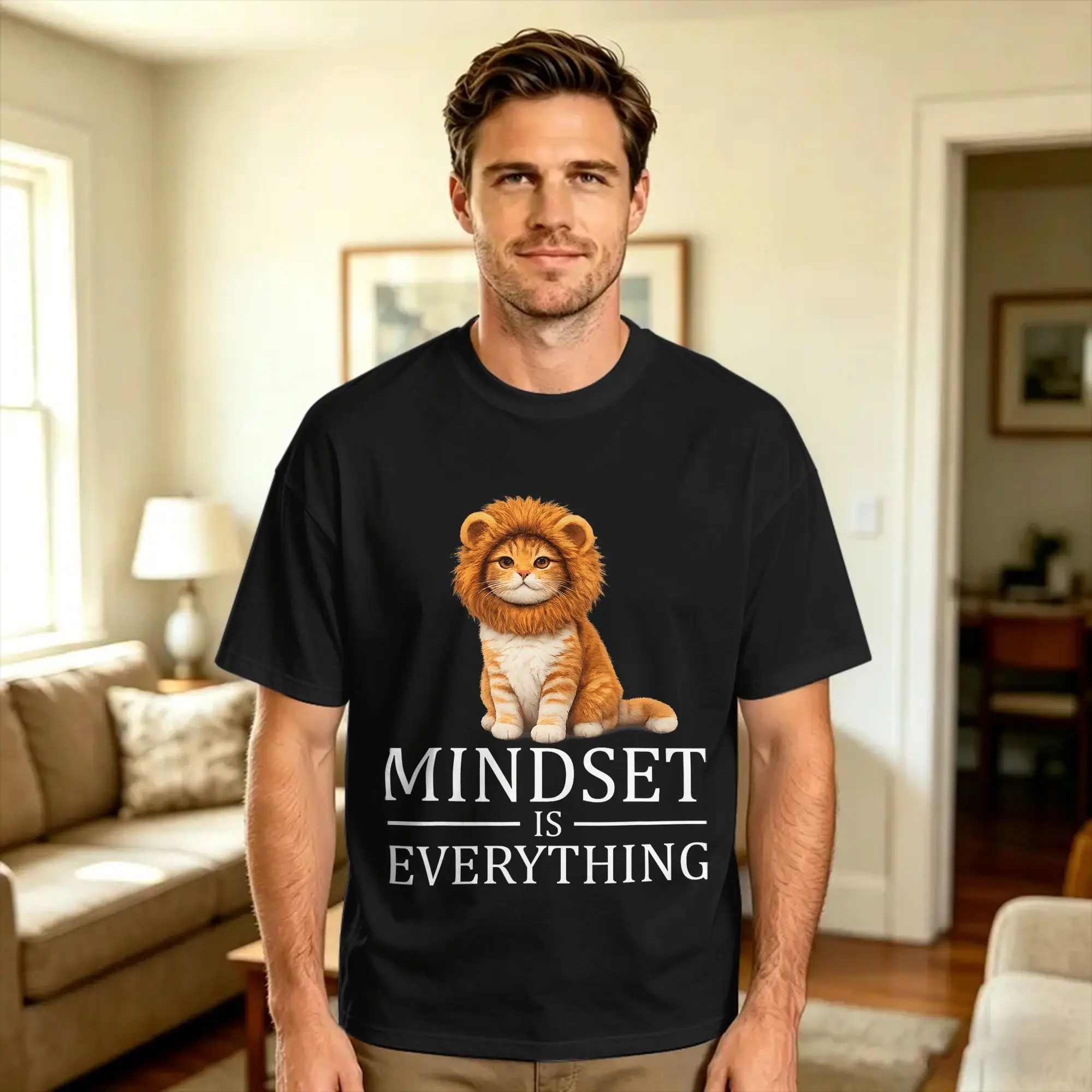 Harajuku T-Shirt Beach Mindset is Everything Motivational Quote Cute Lion Cat Fashion T-Shirts  Pure Cotton Tshirt for Mens