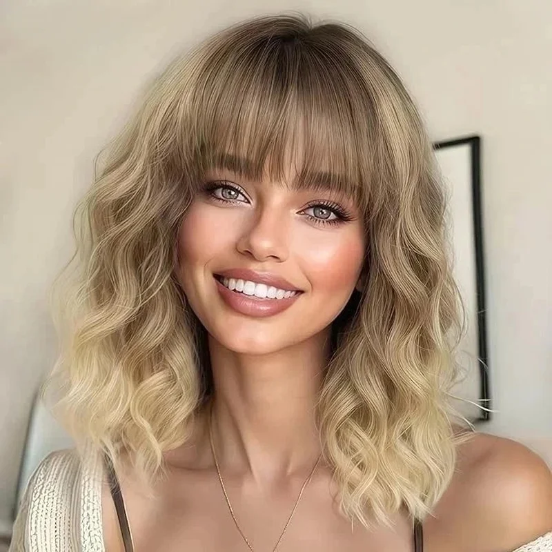 Hair New Fashion Women's Long Natural Brown Mix Blond Wavy Wigs 14 In