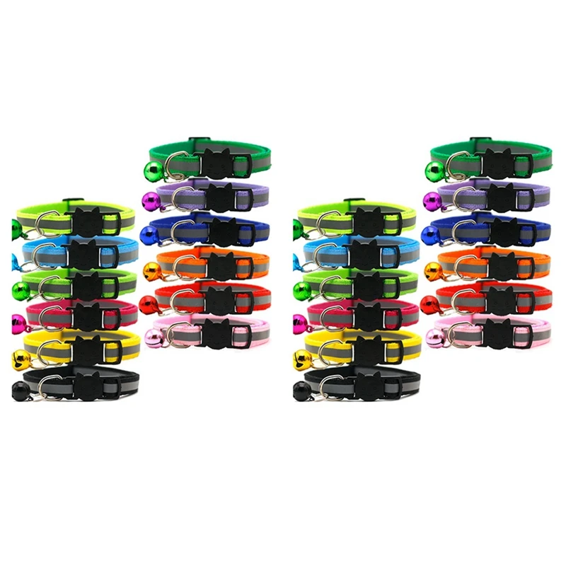 24 Pcs Reflective Cat Collars Quick Release Safety Buckle With Bell Adjustable 19-32Cm (12 Colors)