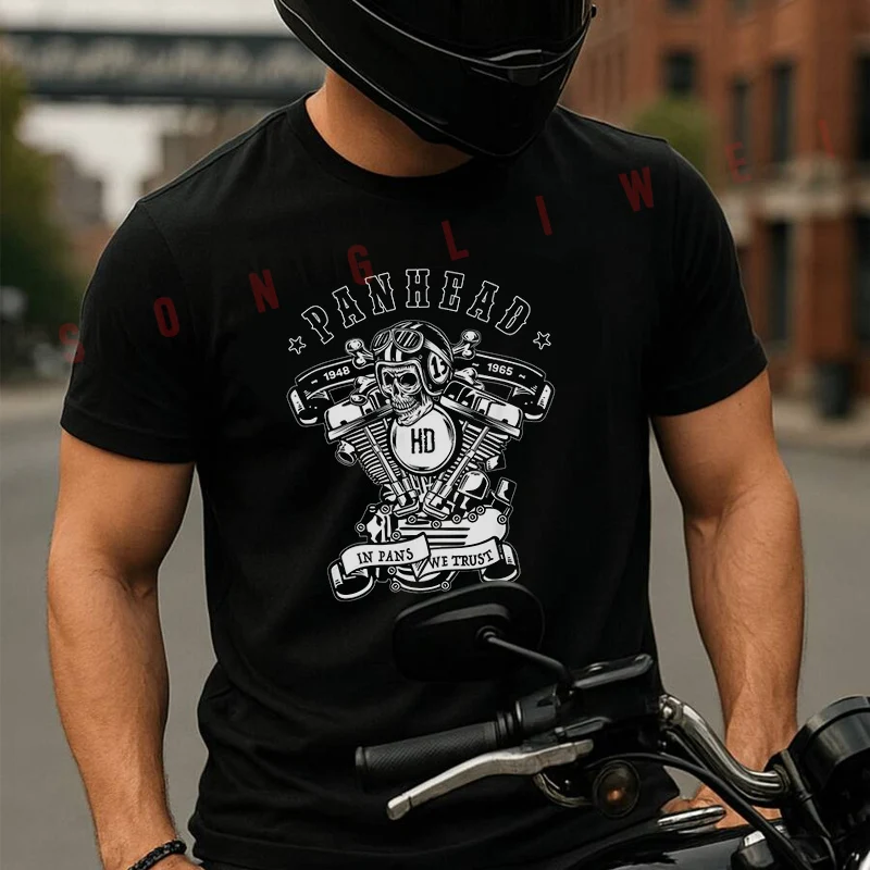 

Motorcycle Rockabilly Skull T-Shirt Motorrad Fans Moto New Fashion Summer Cotton Men Short Sleeve O-Neck T Shirt