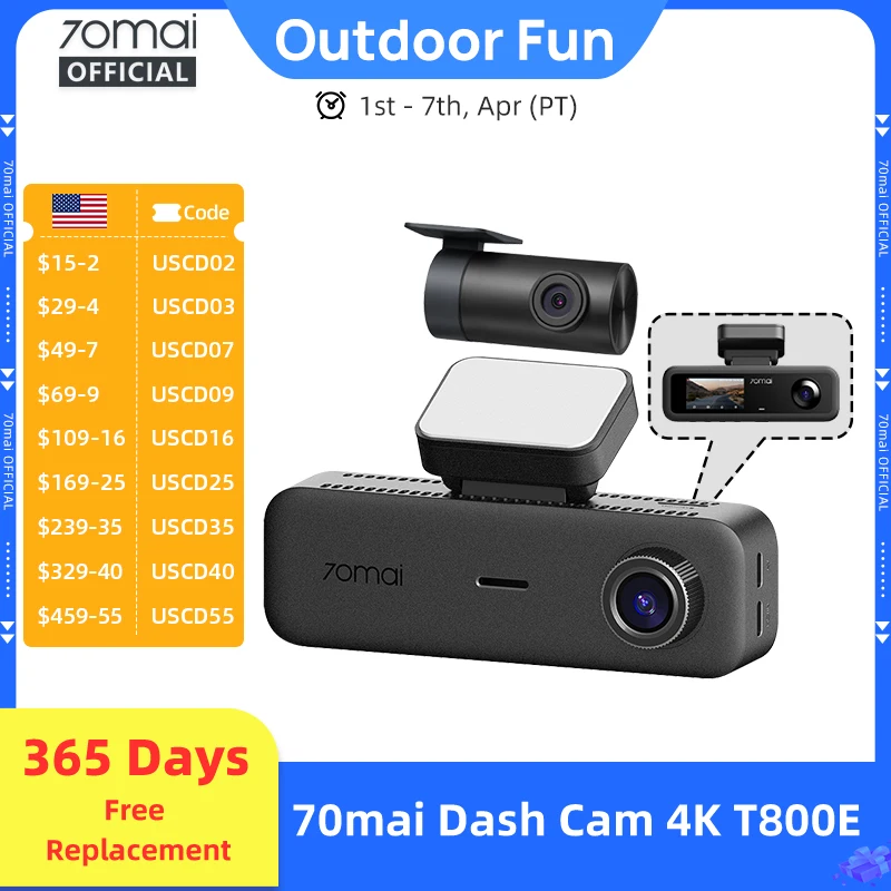 70mai t800e 3-Channel Front 4k + rear 1080p + interior 1080p HDR supercapacity GPS WiFi 6 70mai t800e dash cam voice control