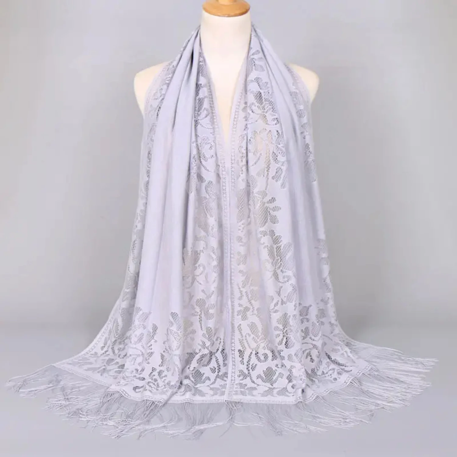 Elegant Floral Lace Scarf Shawl with Tassels for Wedding Evening Party Dresses - Women's Soft Mesh Fringe Wraps