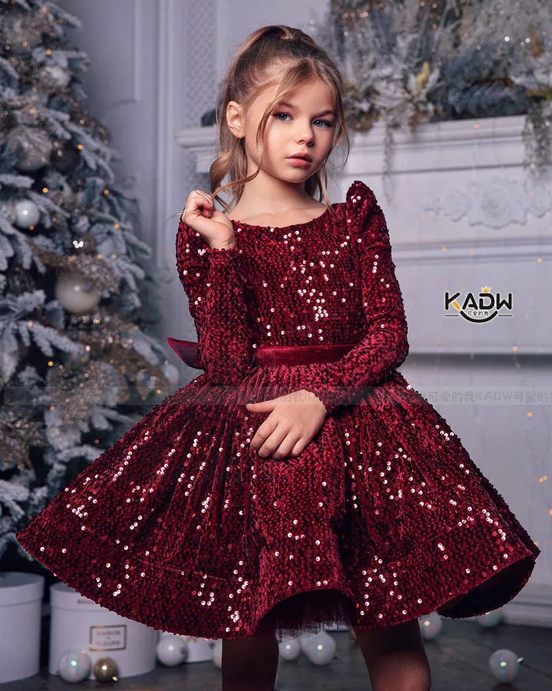 Autumn Winter New Arrival Long Sleeve Kids Red Sequin Fancy Prom Flower Girl Princess Gown Baby Birthday Party Dresses