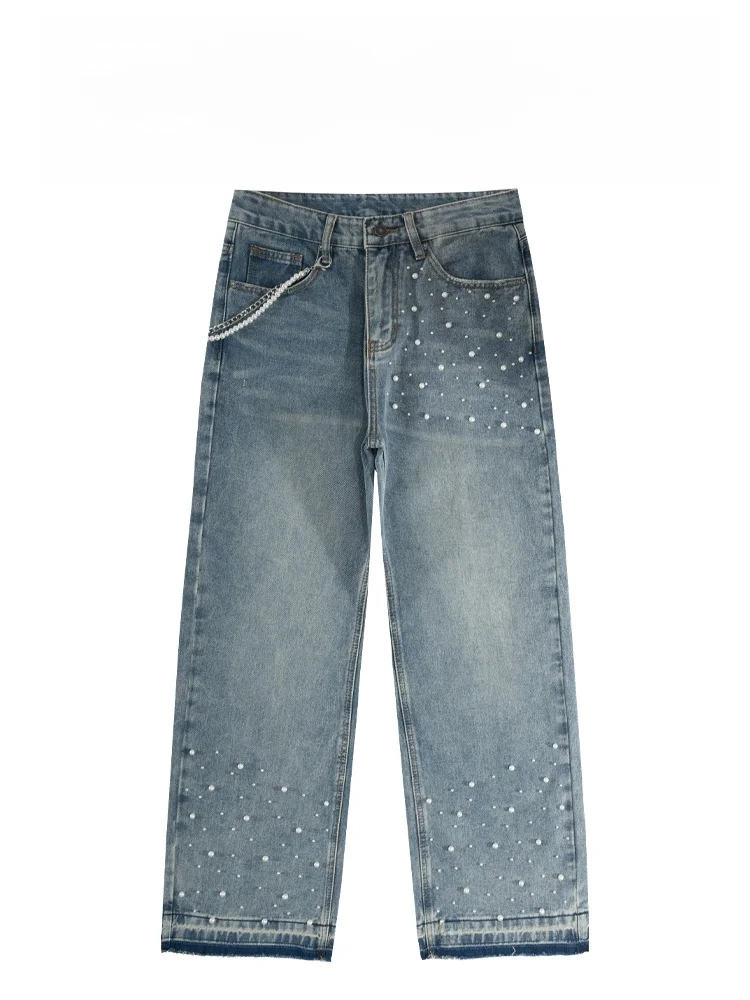 

Мужские модные свободные джинсы BAIRBAOLIY в стиле High Street с жемчужным декором, повседневные брюки прямого кроя из смесового хлопка и полиэстера