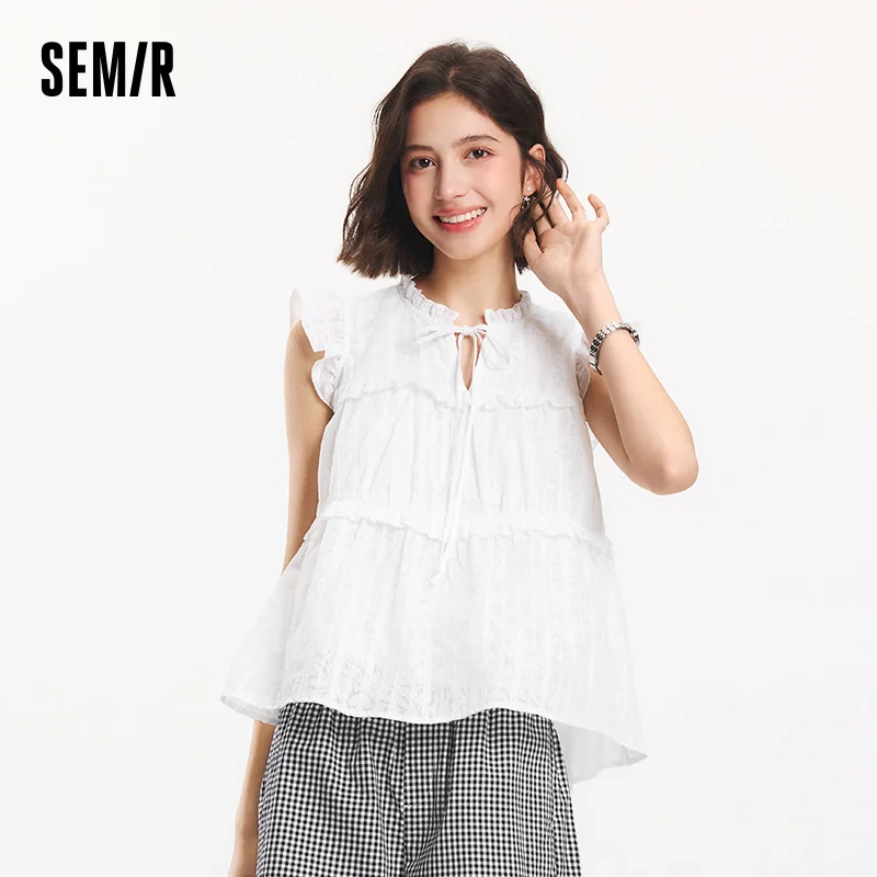 

Semir блузка с коротким рукавом, женская блузка с бантом и кружевной отделкой, новинка лета 202, текстурированная рубашка с развевающимися рукавами, отлично подходит для романтических свиданий