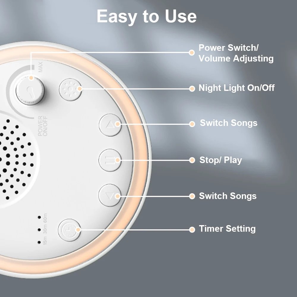 White Noise Machine Mini Baby Sleep Machine Built-in Night Light 16 Soothing Sounds 15/30/60 min Timer for Baby Kids Adults