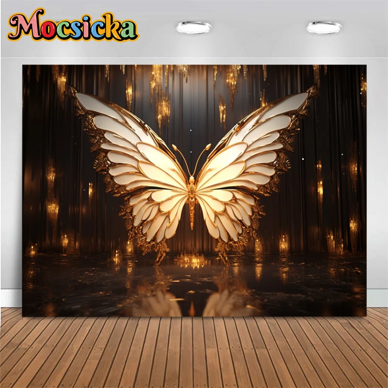 Golden Butterfly Backdrop Photography Adult Baby Shower Girl Birthday Background Decor Family Photo Studio Giant Wings Backdrops