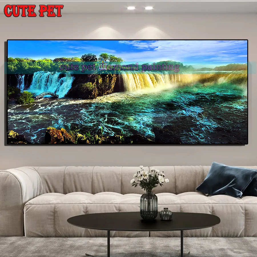 natural scenery diy Diamond Painting Blue sky river waterfall rock reef Embroidery full square drill Mosaic cross stitch decor